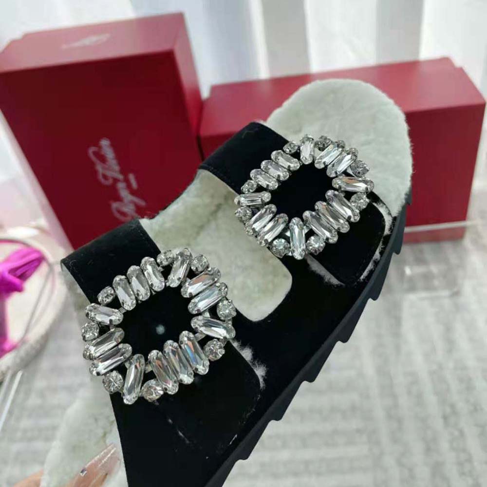 Roger Vivier Women Slidy Viv’ Fur Strass Buckle Mules in Suede-Black - image 8