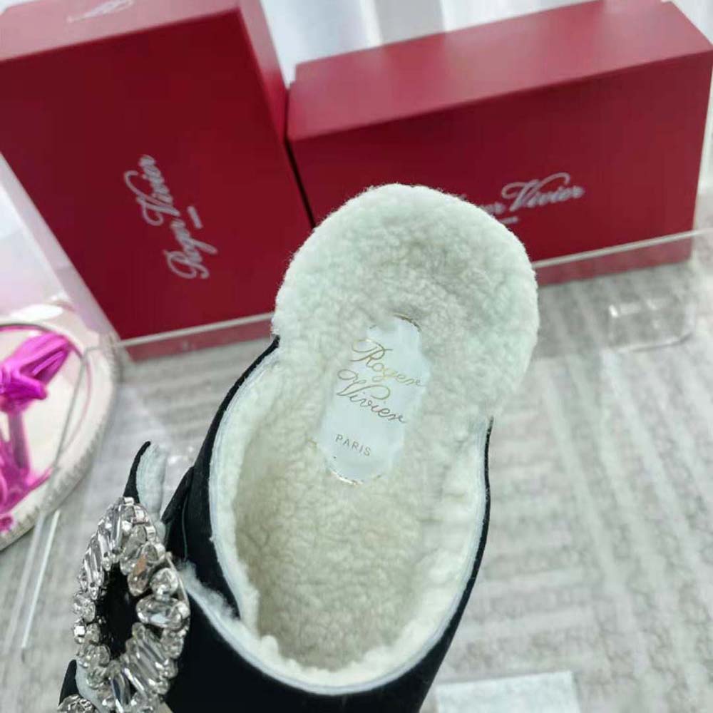 Roger Vivier Women Slidy Viv’ Fur Strass Buckle Mules in Suede-Black - image 9