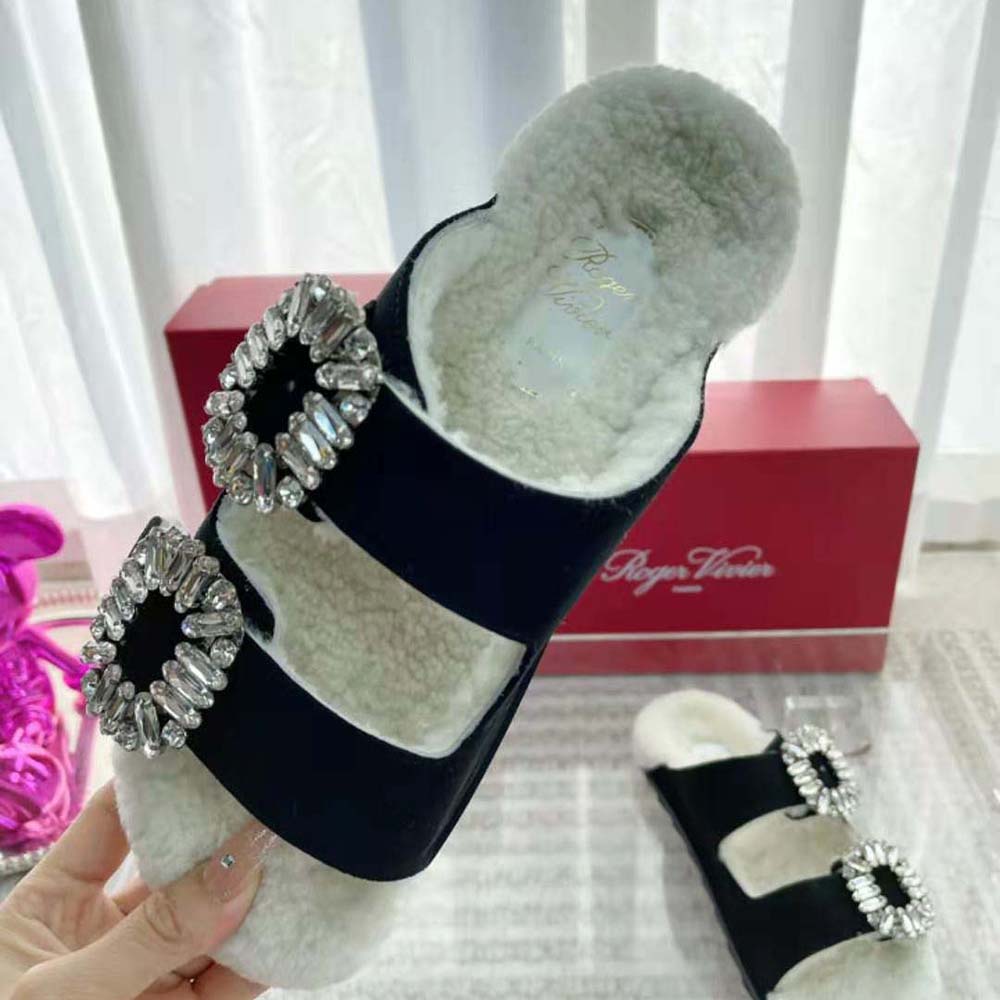 Roger Vivier Women Slidy Viv’ Fur Strass Buckle Mules in Suede-Black - image 7