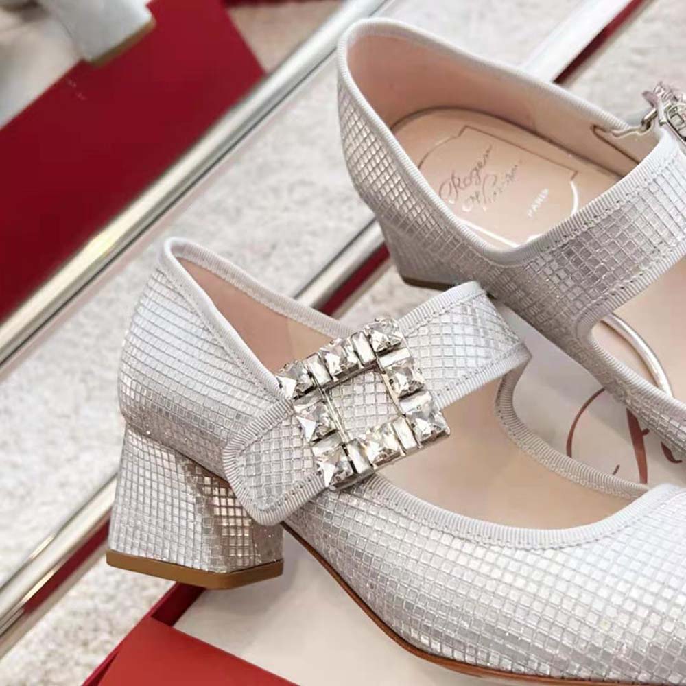 Roger Vivier Women Trés Vivier Strass Buckle Babies Pumps in Fabric-Silver - image 9