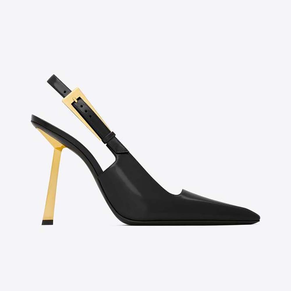 Side view of Saint Laurent YSL Women Lee Slingback Pumps in Black glazed leather