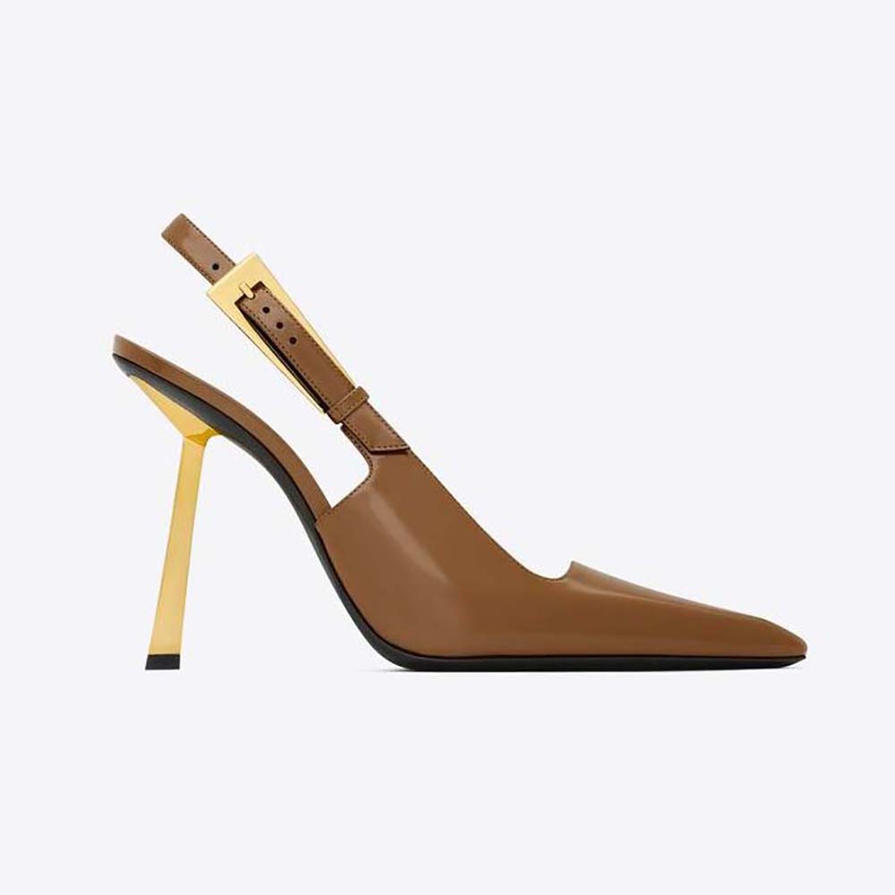Side view of Saint Laurent YSL Women Lee Slingback Pumps in glazed leather brown