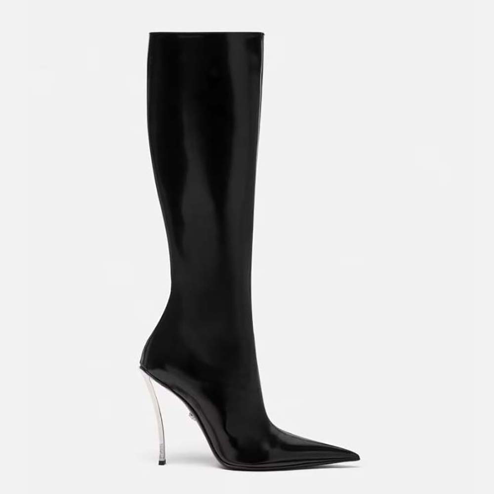 Side view of Versace Women Pin-point Knee-high Boots-105 mm Heel Height-Black