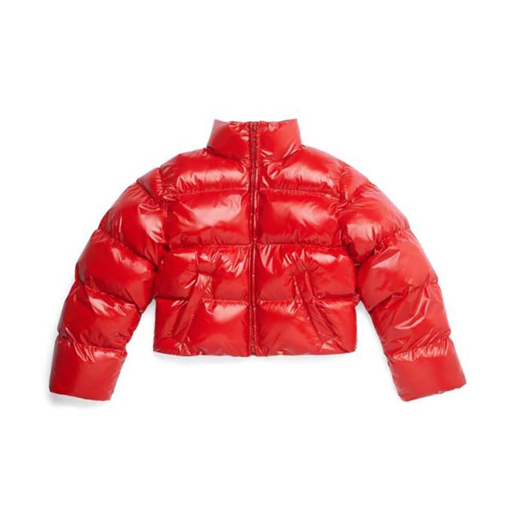Front view of Balenciaga Men Shrunk Puffer in vibrant red nylon