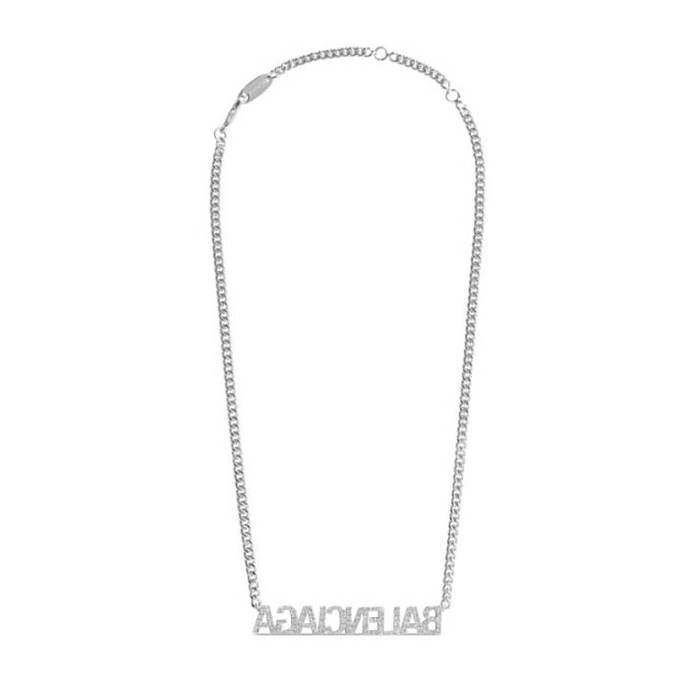 Close-up of Balenciaga Women Typo Mirror Necklace shiny silver pendant