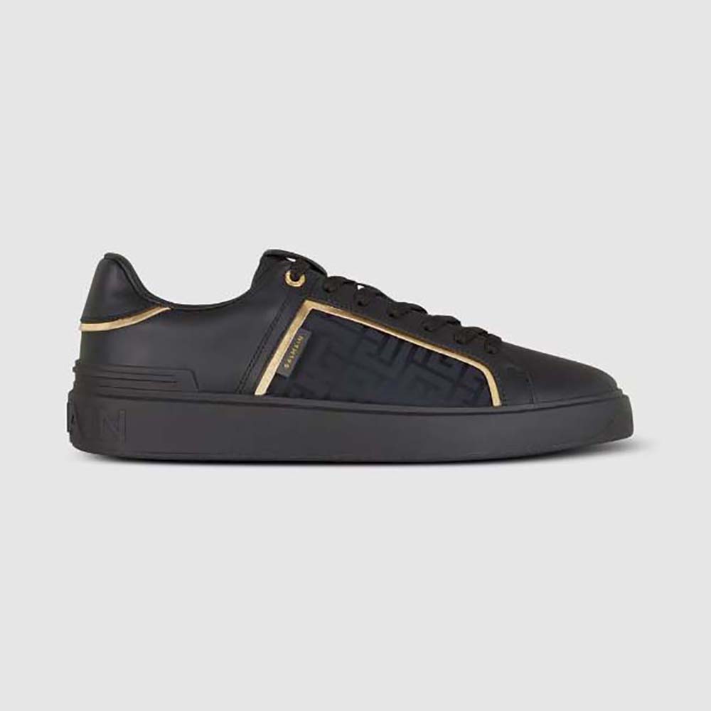 Side view of Balmain Unisex B-court Monogrammed Nylon and Leather Trainers-Black