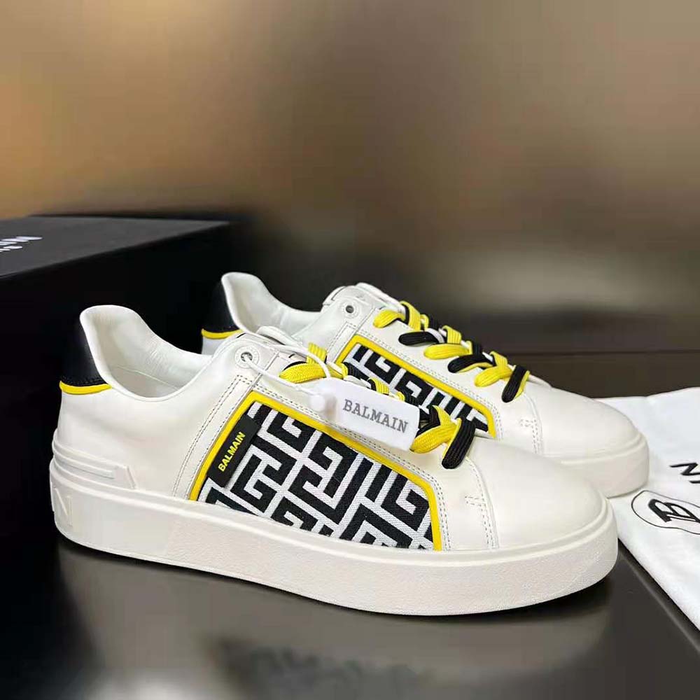 Top view showing nylon and leather details on Balmain B-court trainers