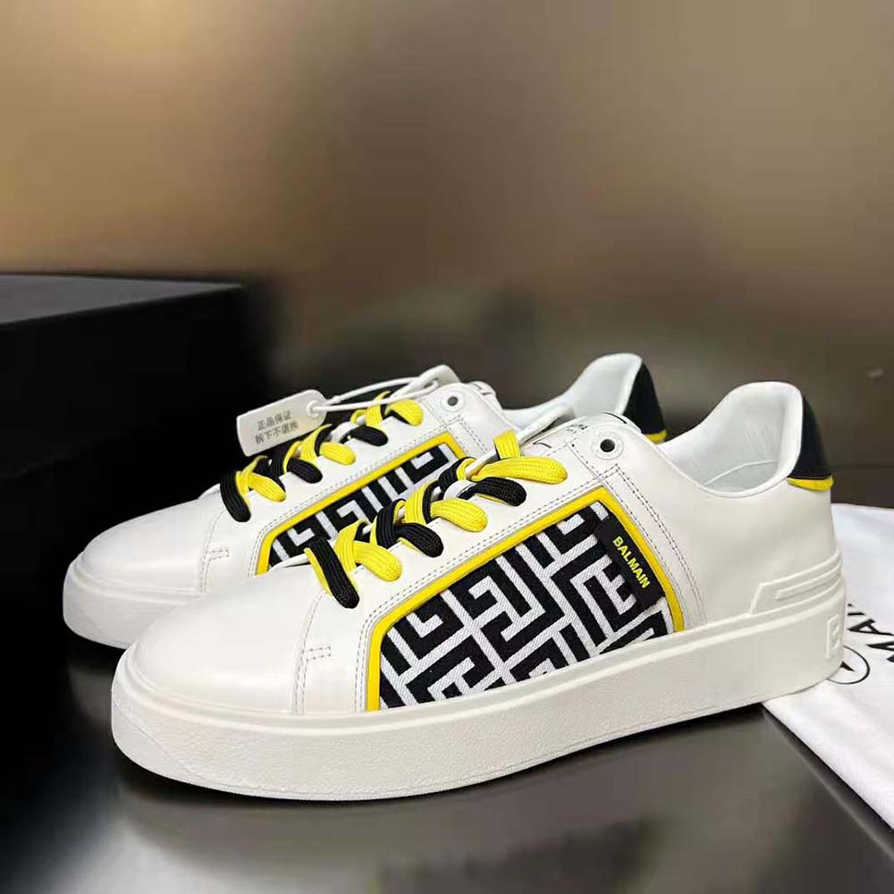 Balmain Unisex B-court Monogrammed Nylon and Leather Trainers-White - image 4