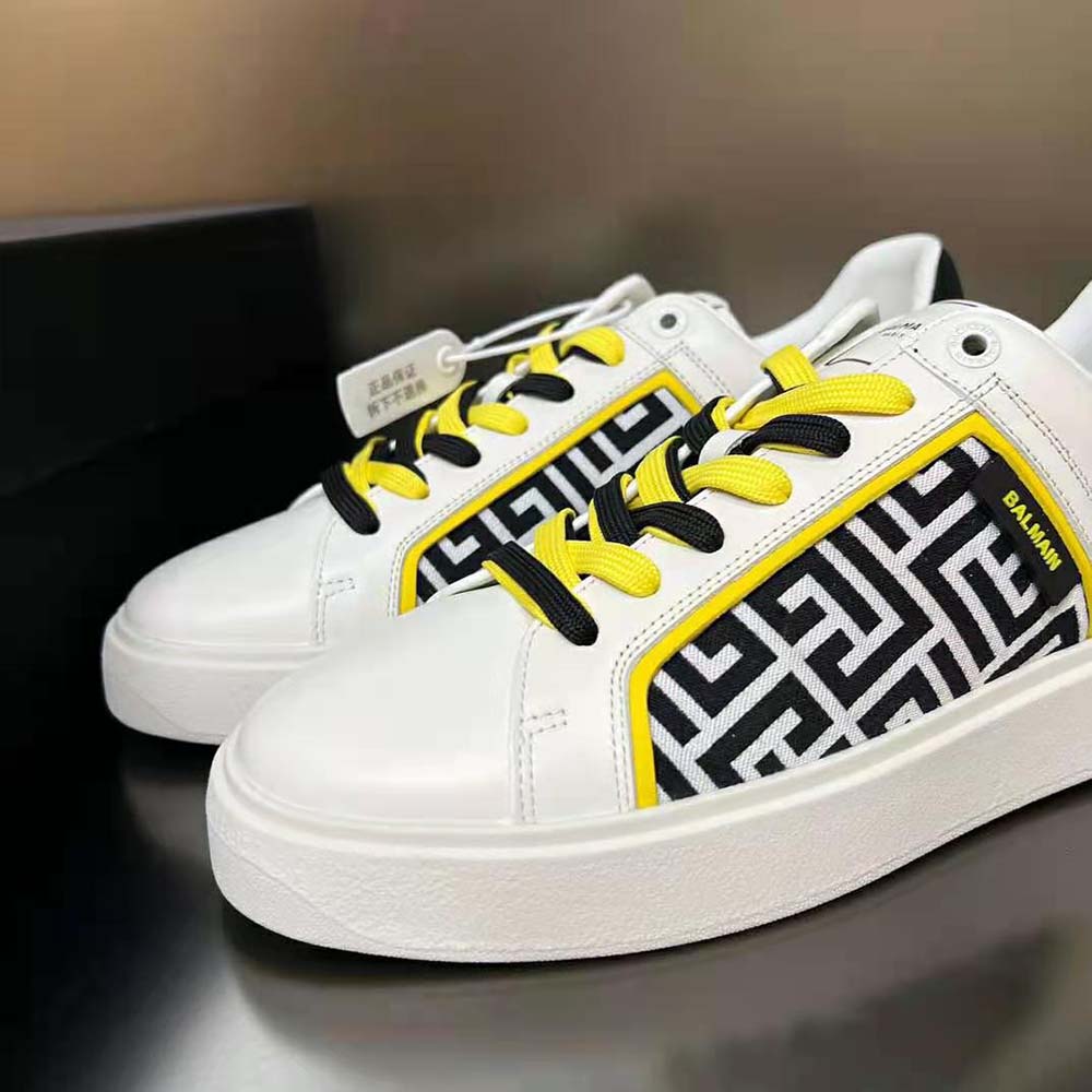 Balmain Unisex B-court Monogrammed Nylon and Leather Trainers-White - image 8
