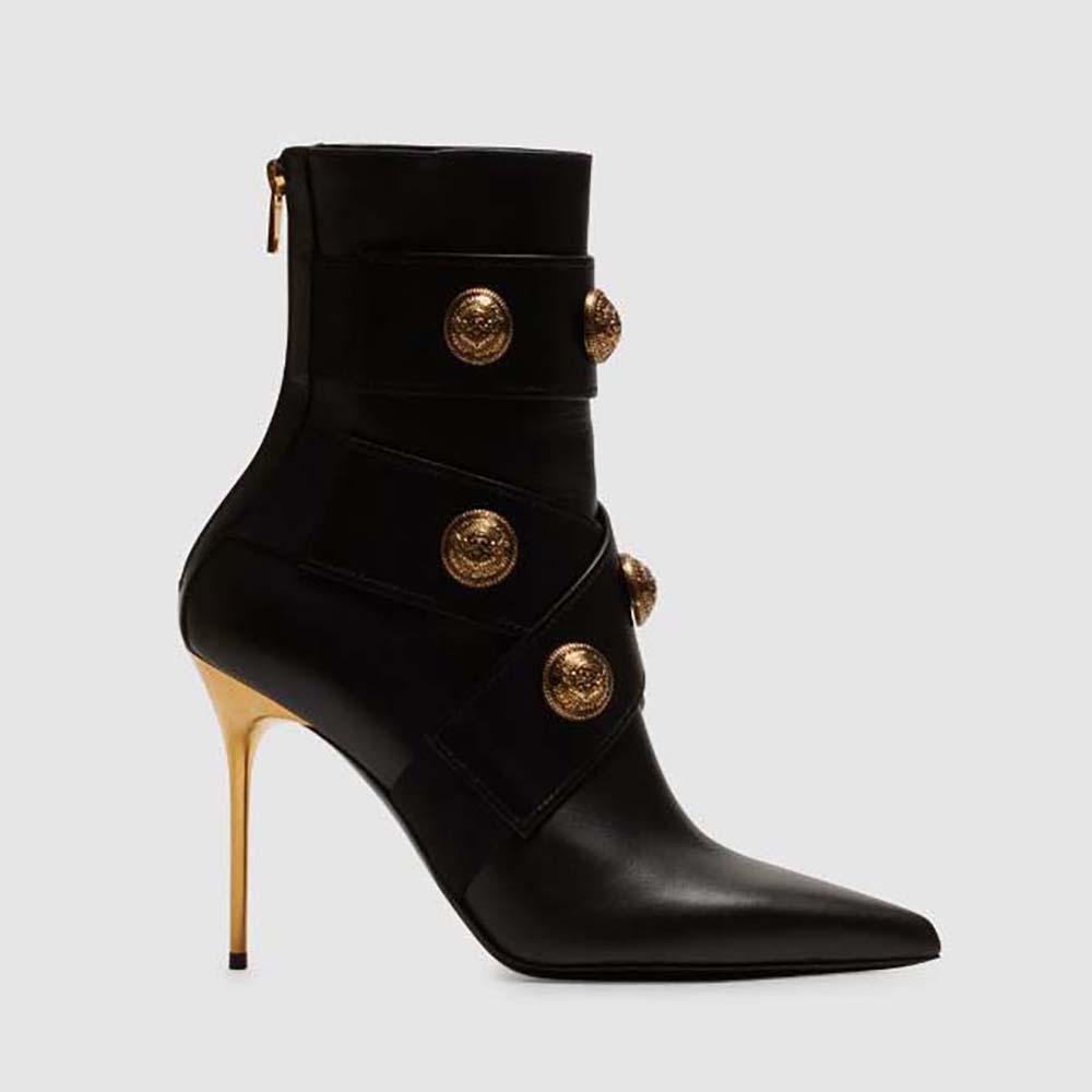 Balmain Women Alma Leather Ankle Boots-Black side profile close-up
