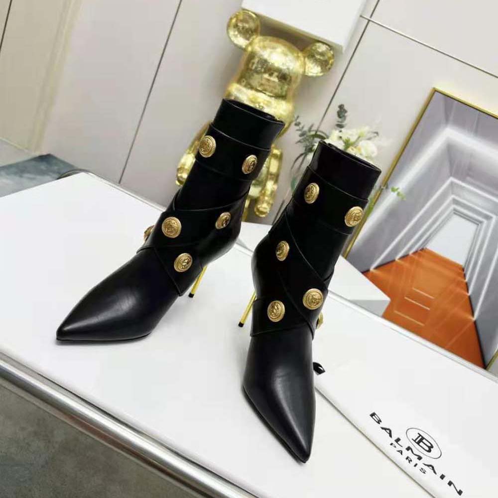Top view of Balmain Women Alma Leather Ankle Boots-Black showing pointed toe
