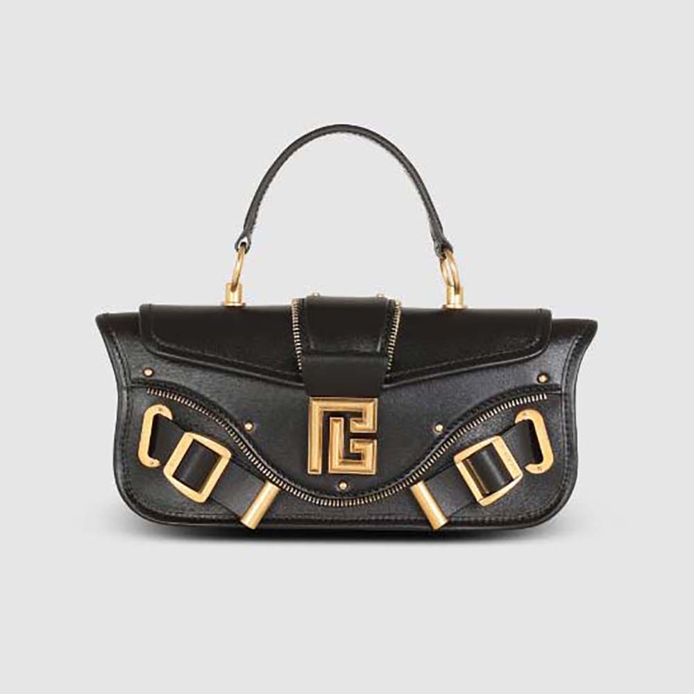 Front view of Balmain Women Blaze Clutch Bag in smooth black leather