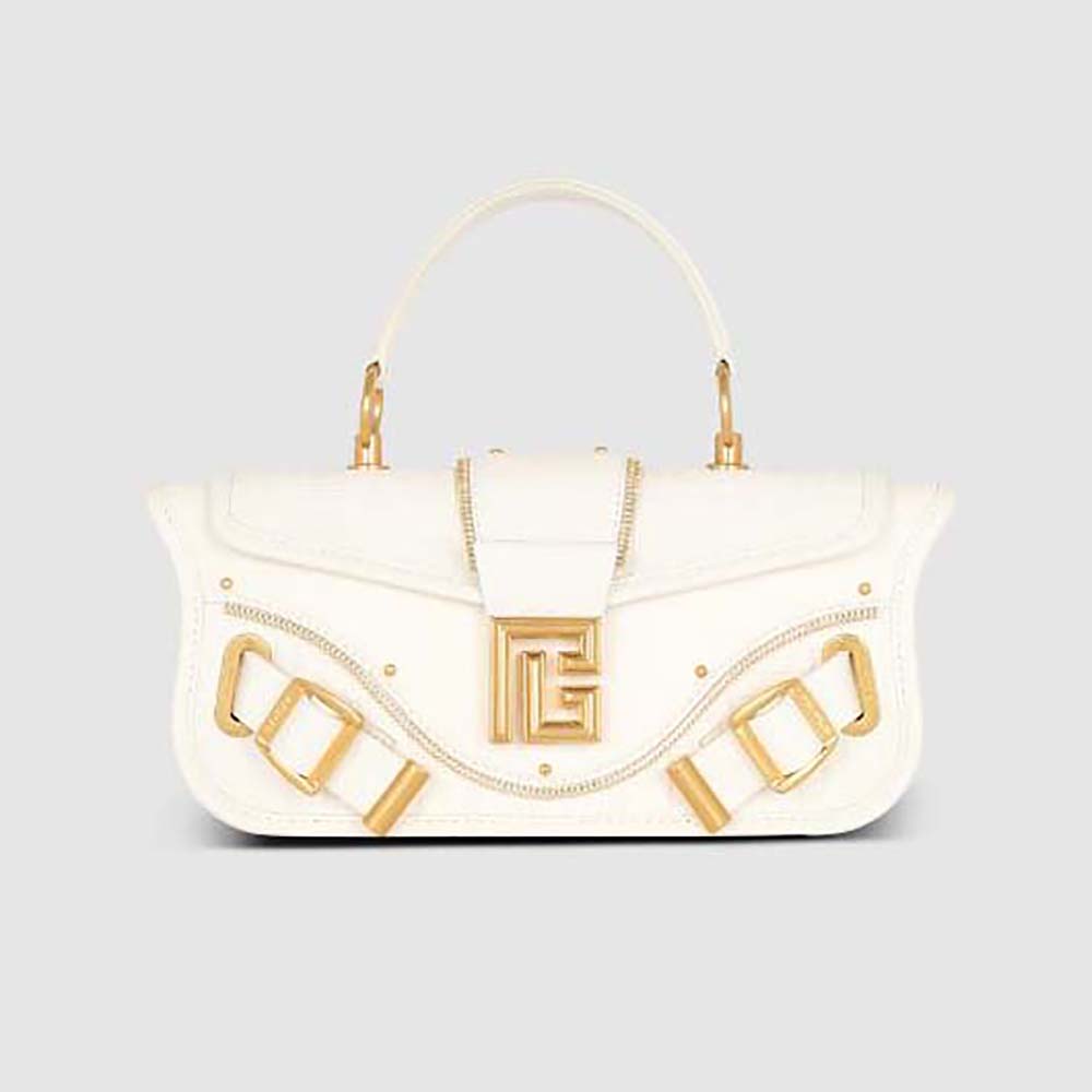 Front view of Balmain Women Blaze Grained Leather Clutch Bag-White