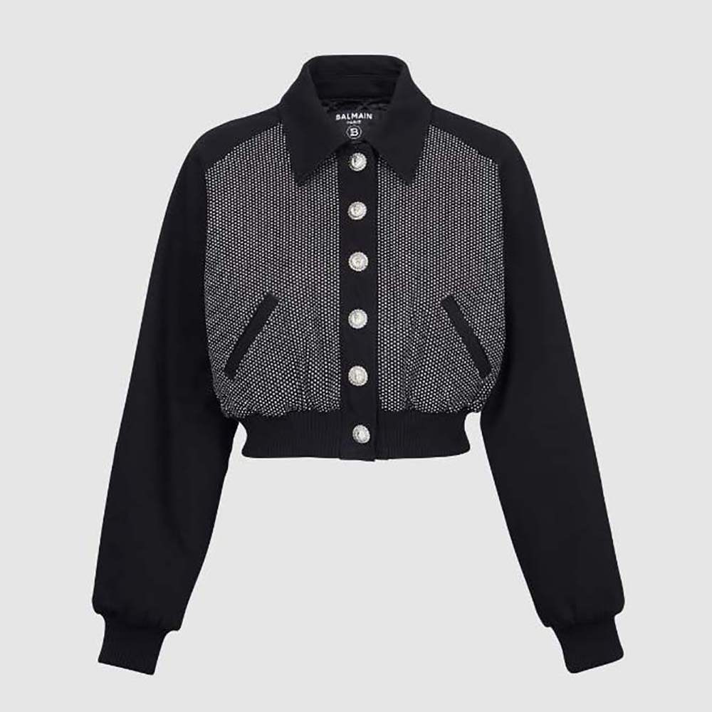 Front view of Balmain Women Cropped Balmain Jacket with Rhinestones