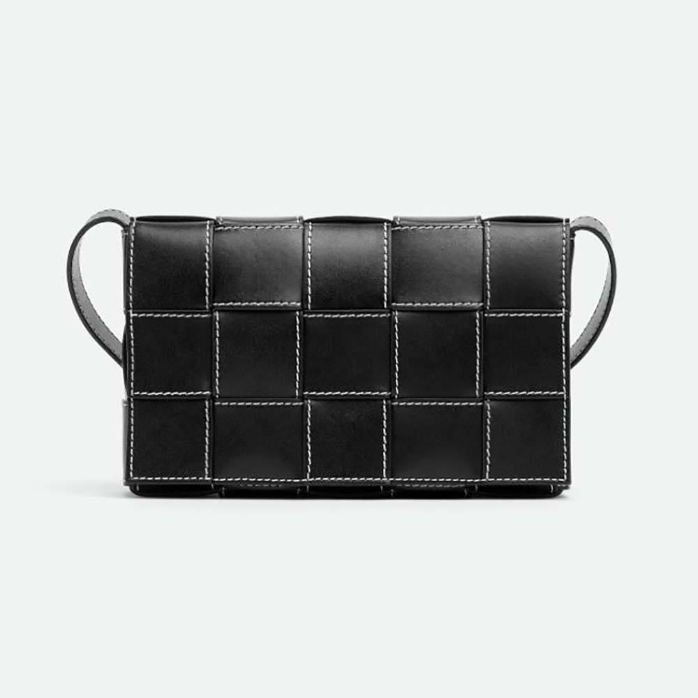 Front view of Bottega Veneta Men Cassette Medium Intreccio Leather Cross-body Bag-Black
