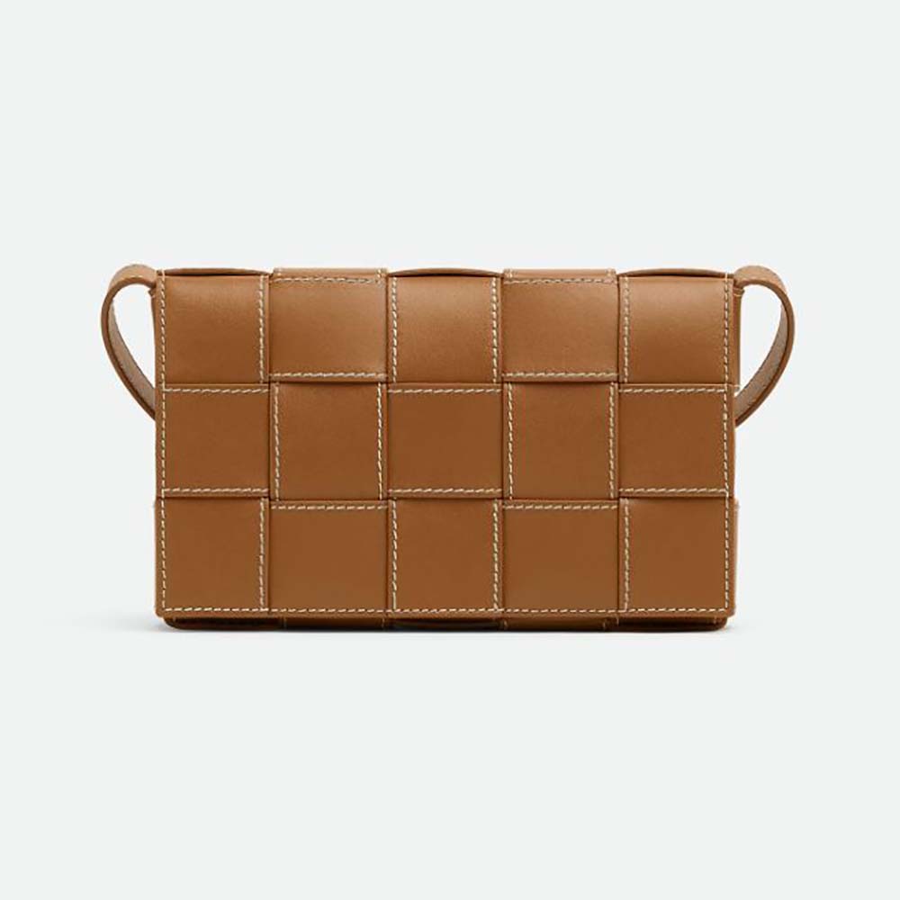 Front angle of Bottega Veneta Men Cassette Medium Intreccio Leather Cross-body Bag-Brown