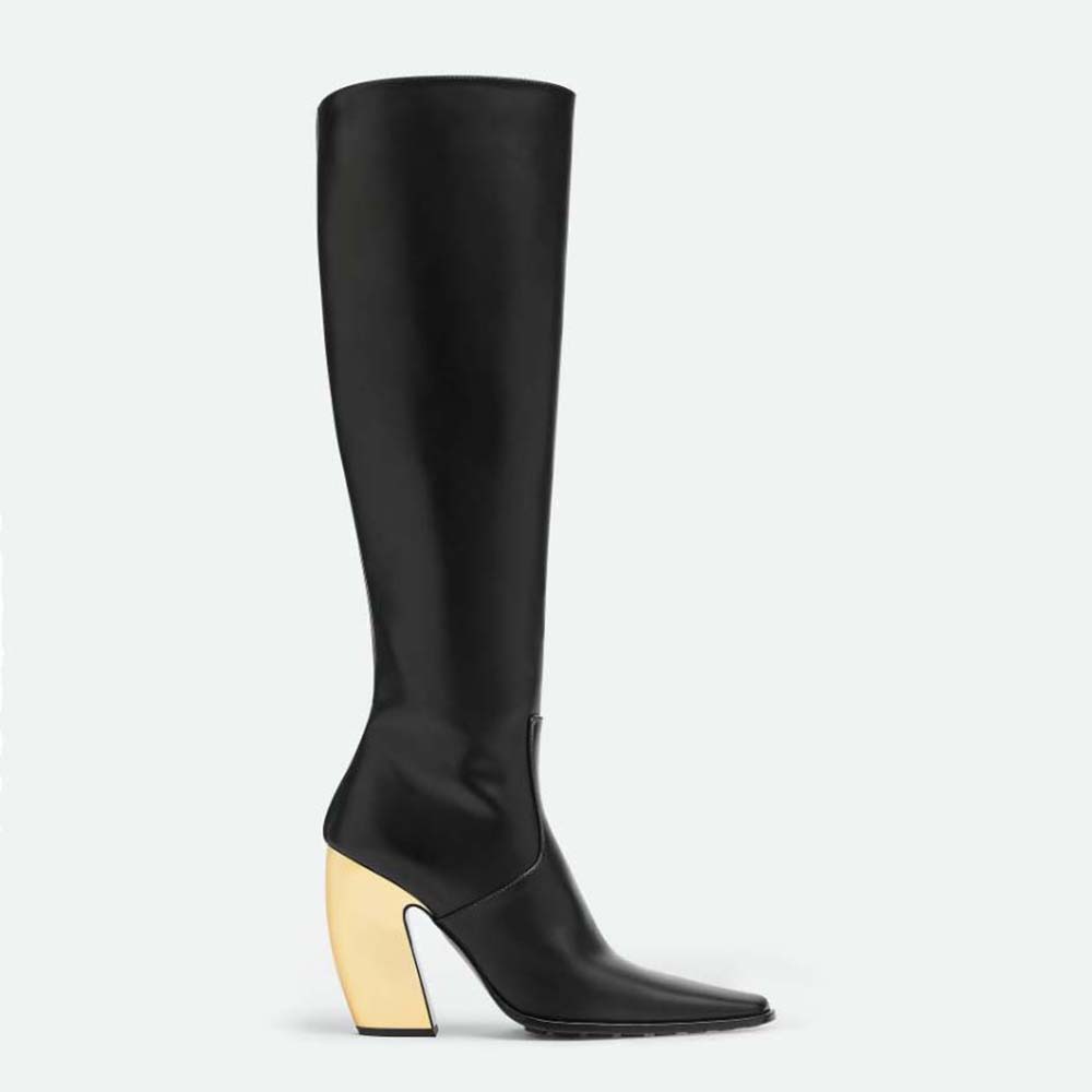 Side angle of Bottega Veneta Women Tex Boot-Black showing woven leather