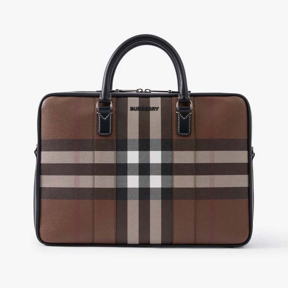 Front view of Burberry Men Ainsworth Briefcase-Brown showing flap closure