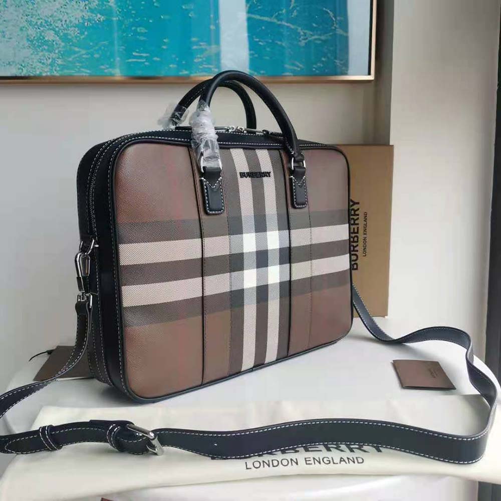 Side angle displaying structured silhouette of Burberry Men Ainsworth Briefcase-Brown