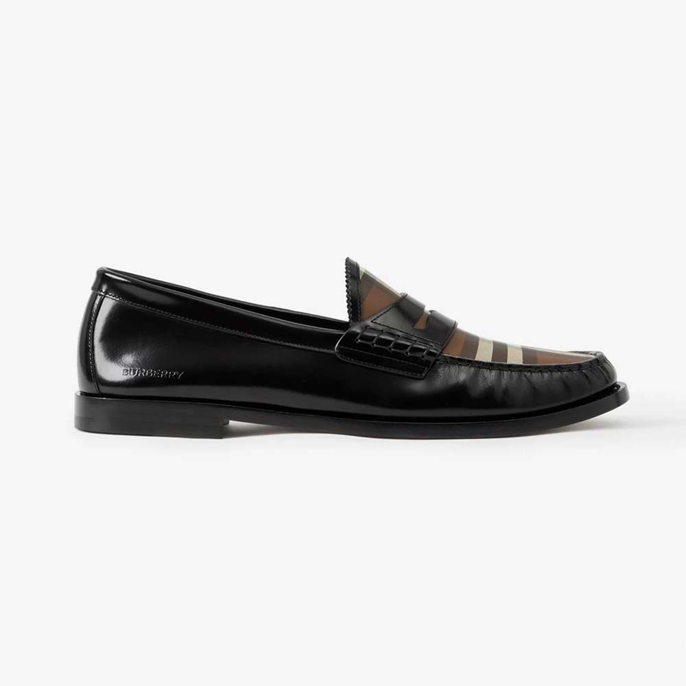 Side view of Burberry Men Check Panel Leather Loafers-Black showing signature check