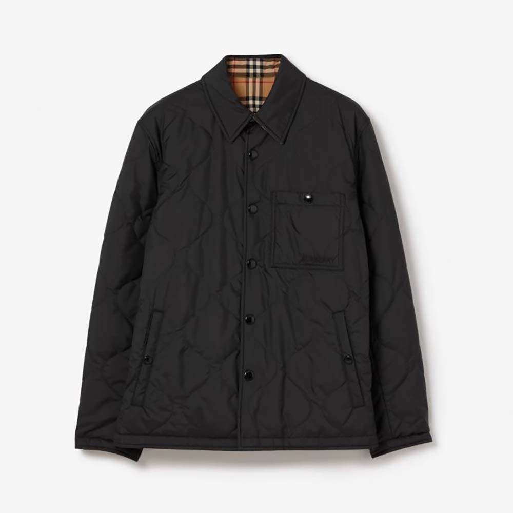 Front view of Burberry Men Reversible Thermoregulated Overshirt in black