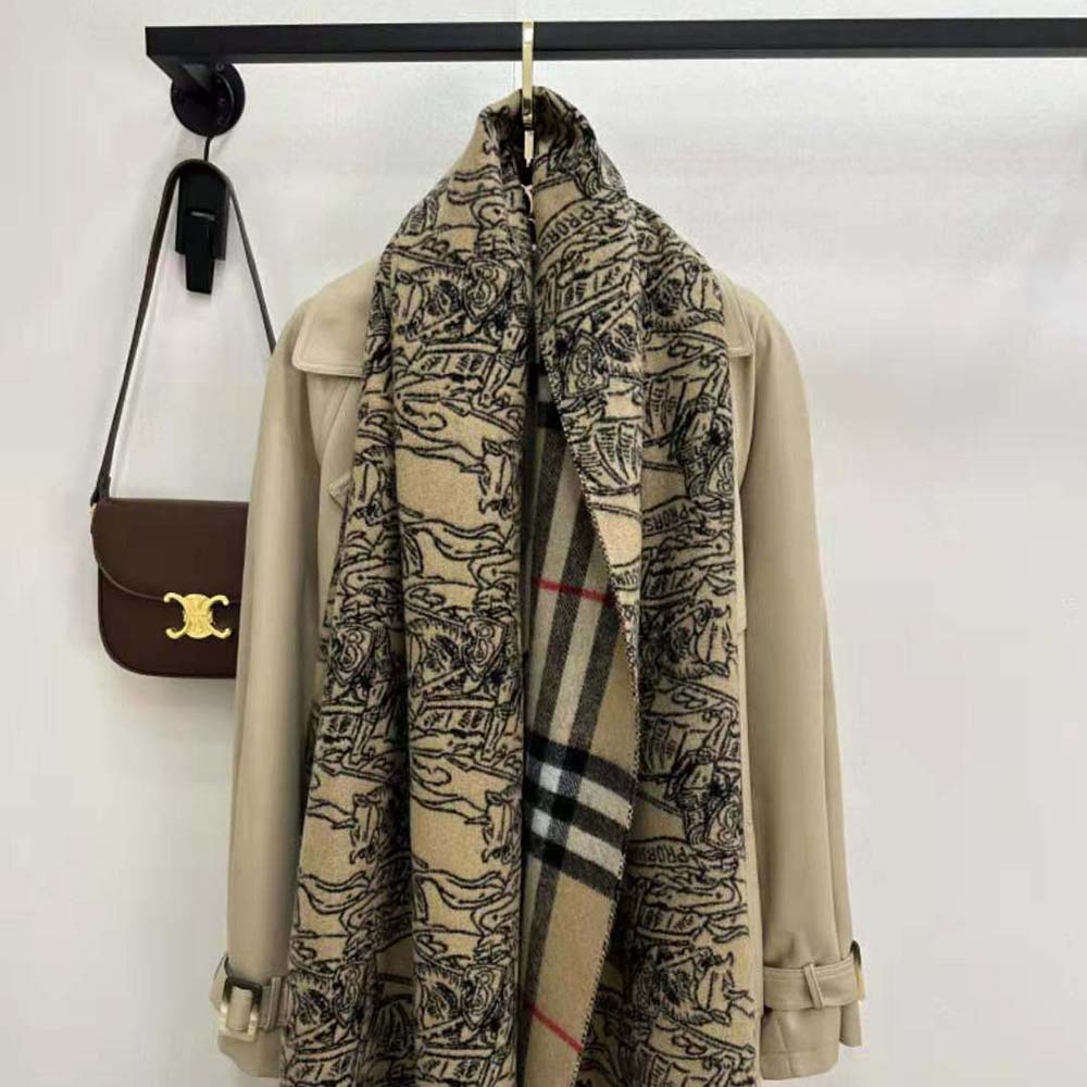 Full-length view of Burberry Unisex EKD Cashmere Reversible Scarf draped