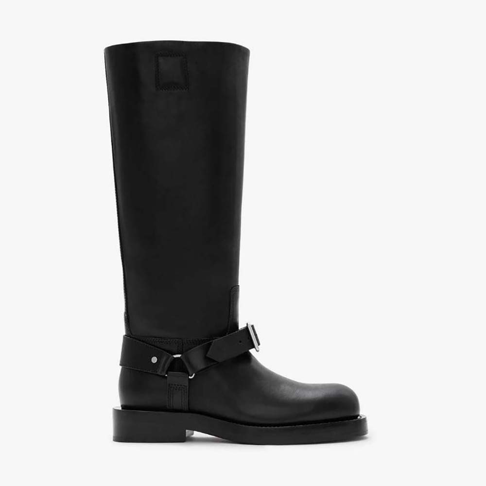 Side view of Burberry Women Leather Saddle Tall Boots-Black showing silhouette