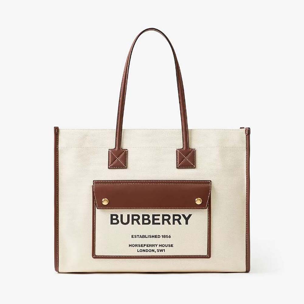 Front view of Burberry Women Medium Freya Tote-Beige with gold hardware