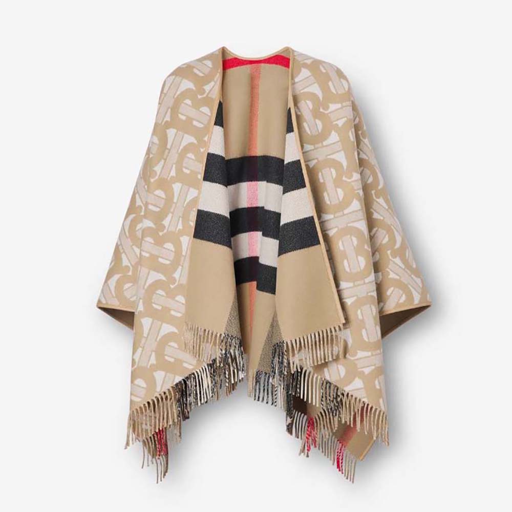 Front view of Burberry Women Monogram Wool Cashmere Reversible Cape-Beige