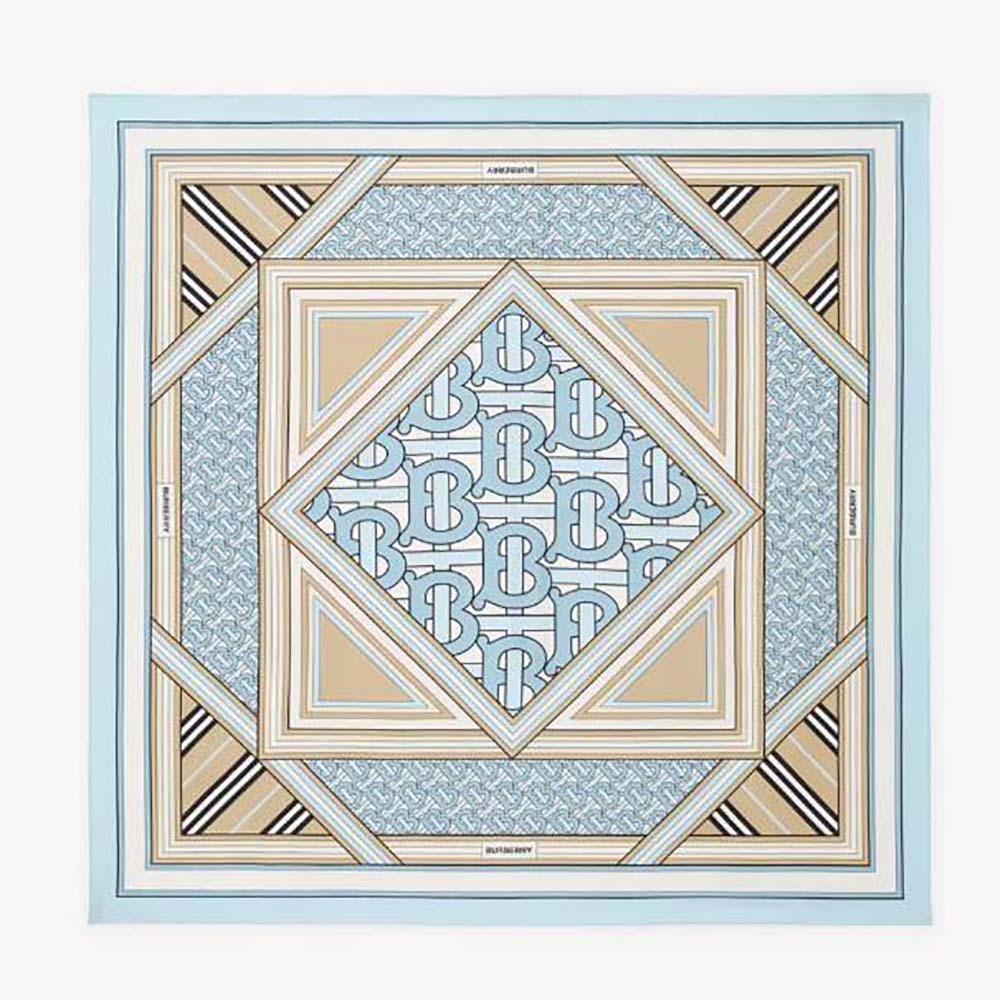 Front view of Burberry Women Montage Print Silk Square Scarf-Blue flat layout