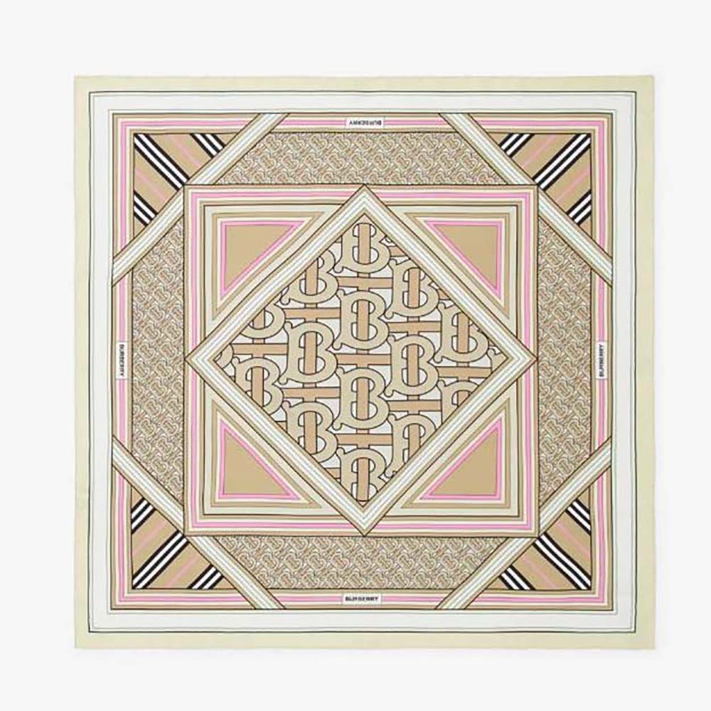 Close-up of Burberry Women Montage Print Silk Square Scarf-Pink showing vibrant montage print
