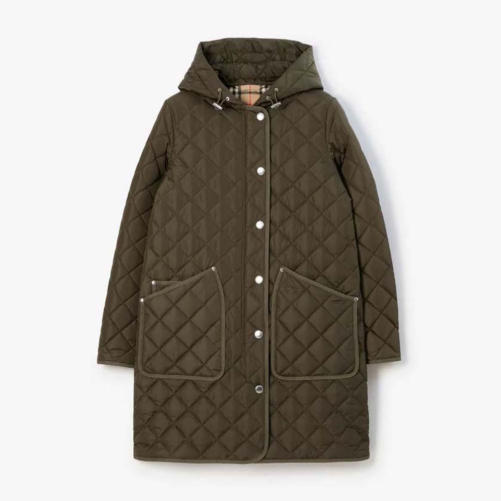 Front view of Burberry Women Quilted Nylon Hooded Coat in green