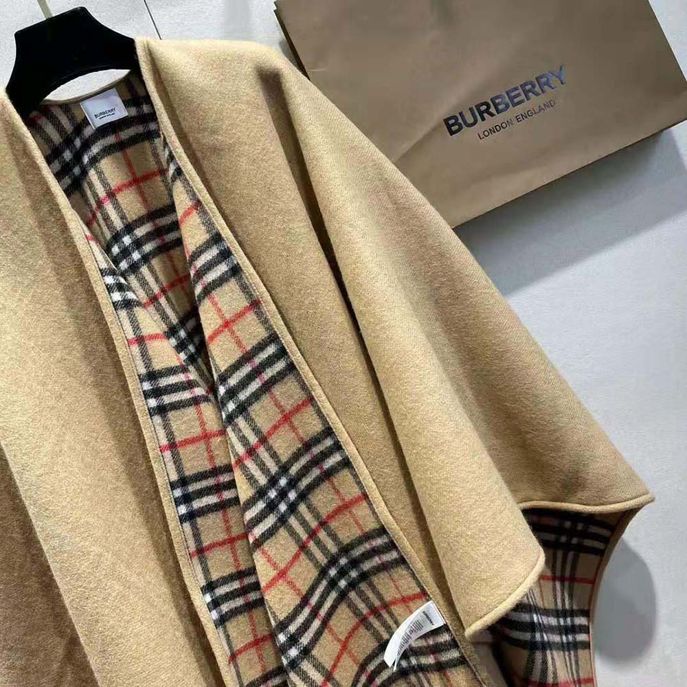 Burberry Women Reversible Check Wool Cape-Beige - image 5