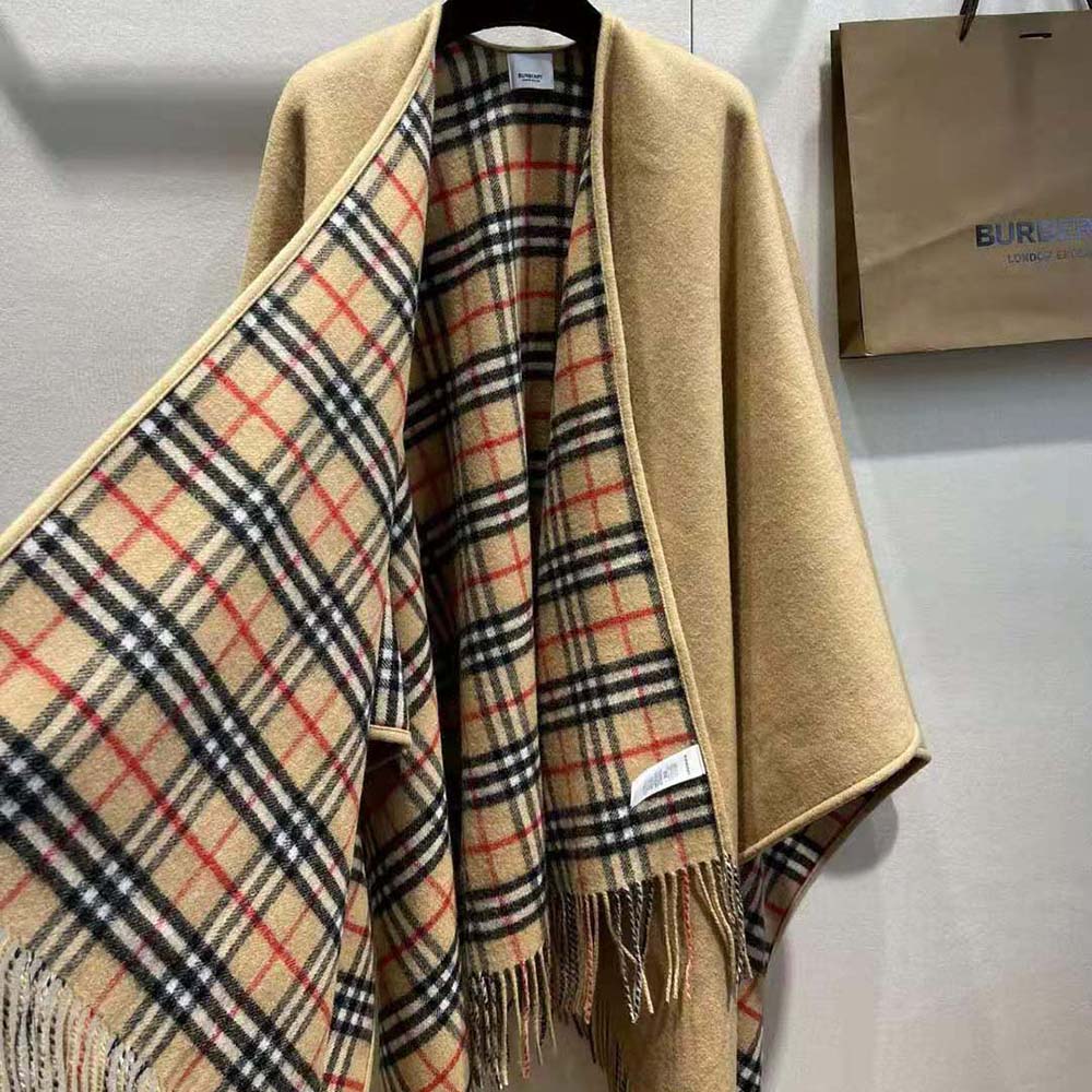 Burberry Women Reversible Check Wool Cape-Beige - image 8