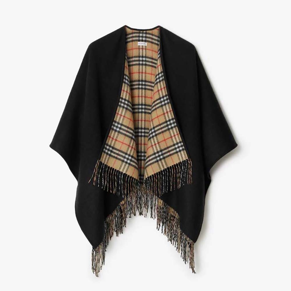 Front view of Burberry Women Reversible Check Wool Cape-Black showing black side