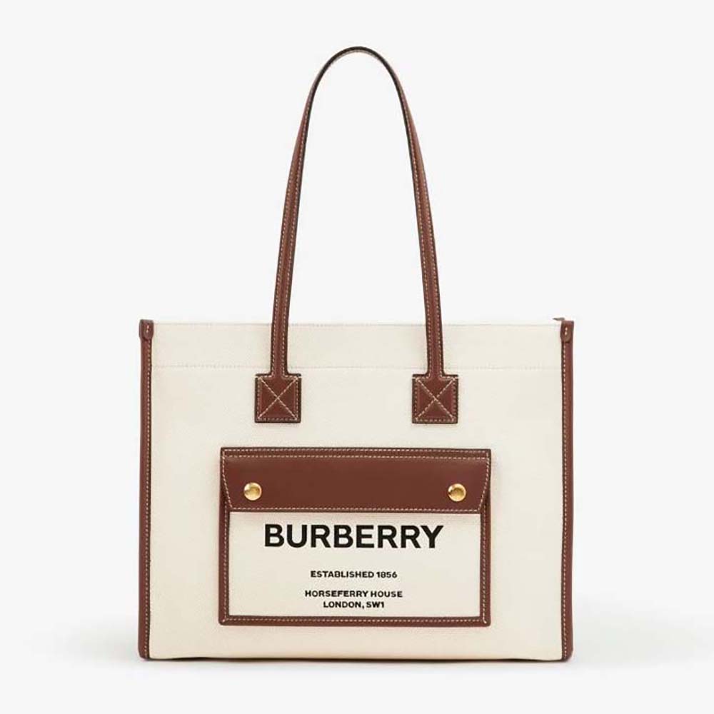 Front view of Burberry Women Small Freya Tote-Beige with handle detail