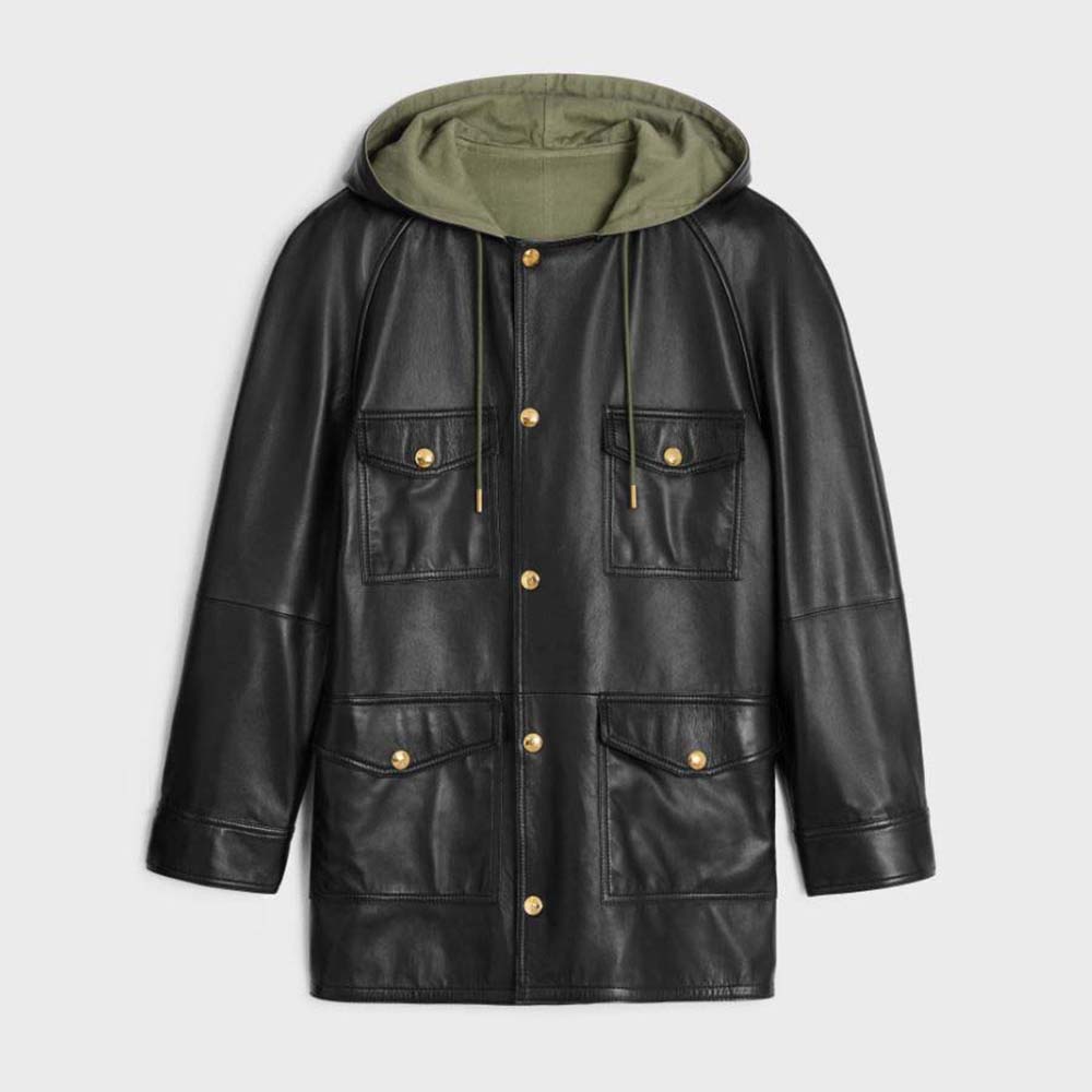 Front view of Celine Women Oversized Parka in Plongé Lambskin black leather