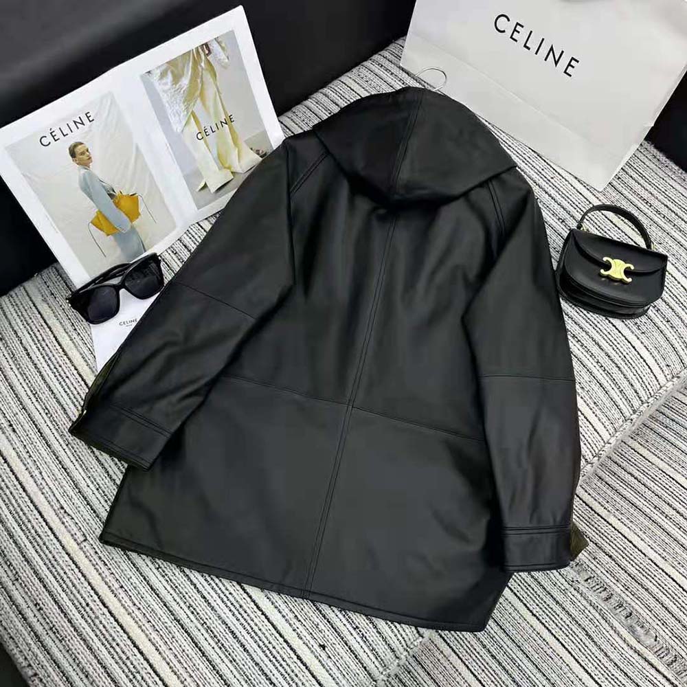 Side profile showing oversized silhouette of Celine Women Oversized Parka in black