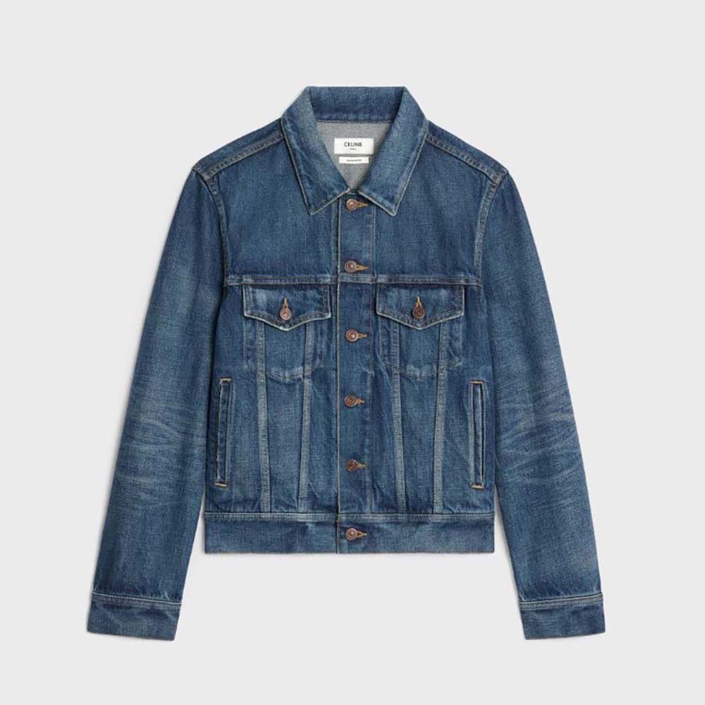 Front view of Celine Women Trucker Jacket in Dark Union Wash Denim