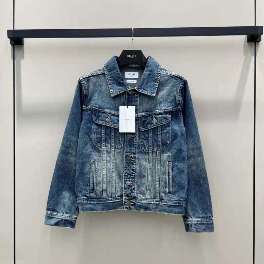 Close-up of silver buttons on Celine Women Trucker Jacket navy denim