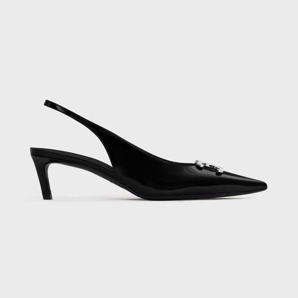 Side angle of Celine Women Alma Triomphe Slingback in glossy black calfskin