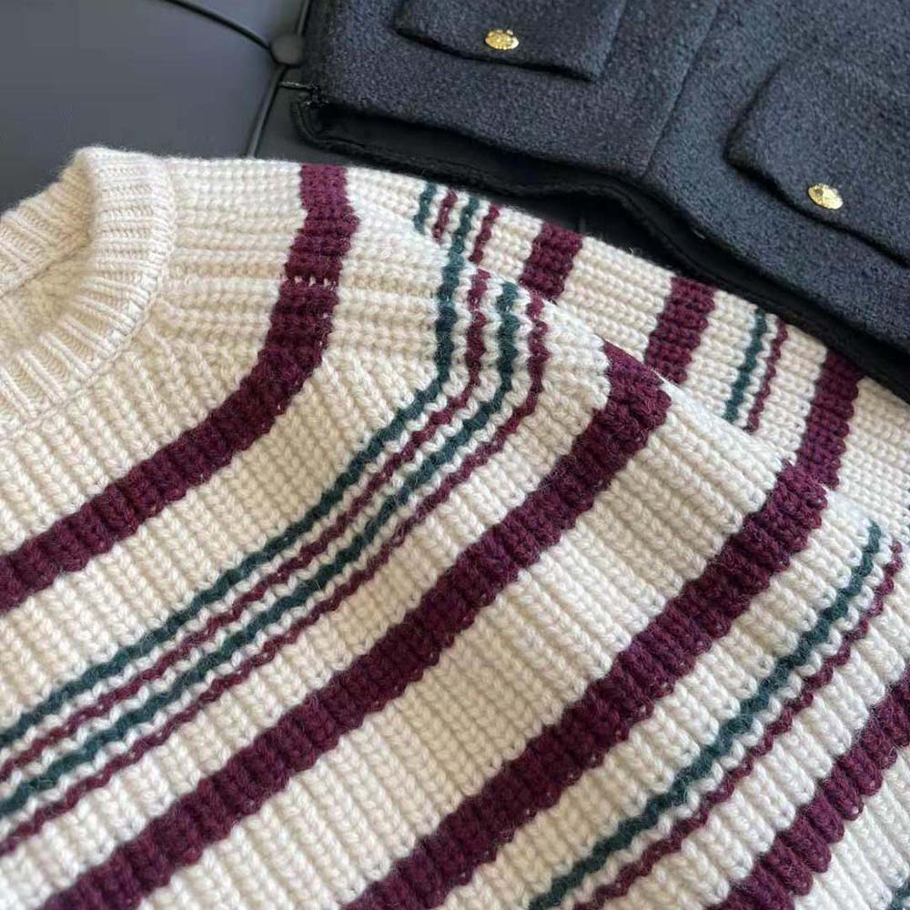 Celine Women Crew Neck Sweater in Striped Ribbed Wool - image 6