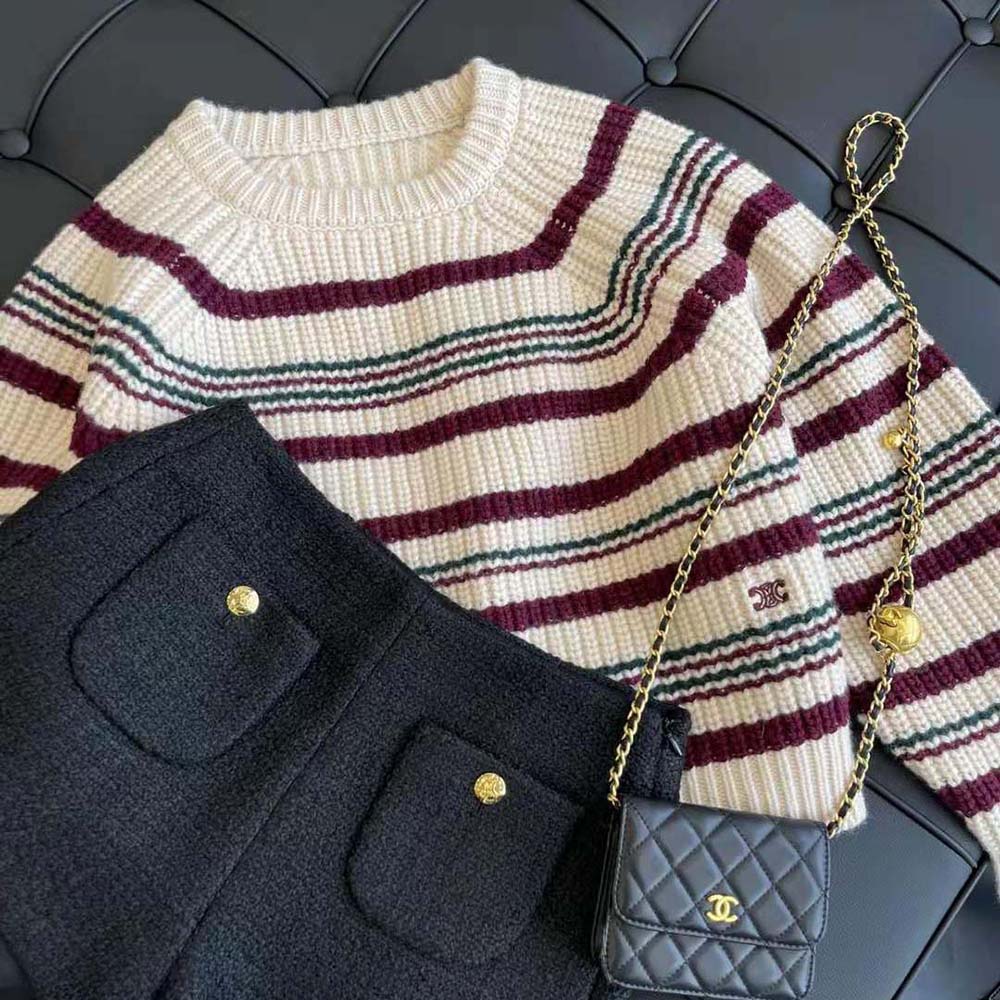 Celine Women Crew Neck Sweater in Striped Ribbed Wool - image 9