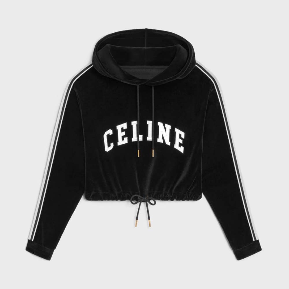 Front view of Celine Women Cropped Hoodie in Velvet Jersey black