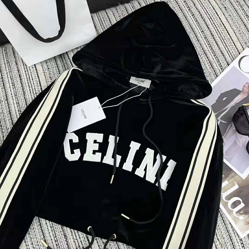 Side angle showcasing silhouette of Celine Women Cropped Hoodie in Velvet Jersey