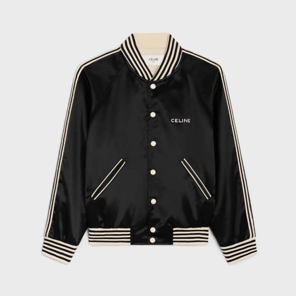 Front view of Celine Men Embroidered Teddy Jacket in Satin-finish Nylon-Black
