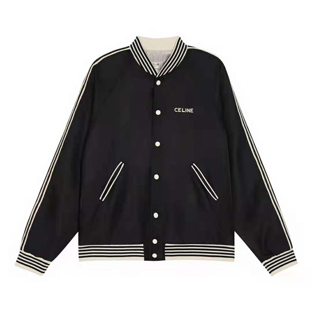 Close-up of embroidered detail on black satin-finish nylon Celine teddy jacket