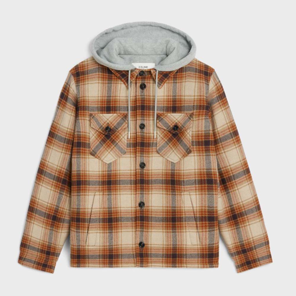 Front view of Celine Men Hooded Overshirt in Checked Wool brown