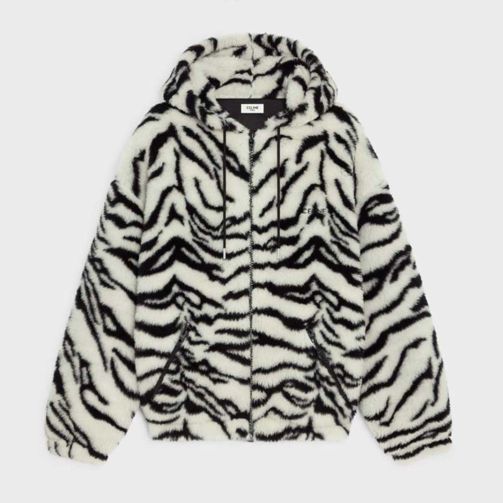 Front view of Celine Men Jacket in Tiger-print Fleece-White with zip closed