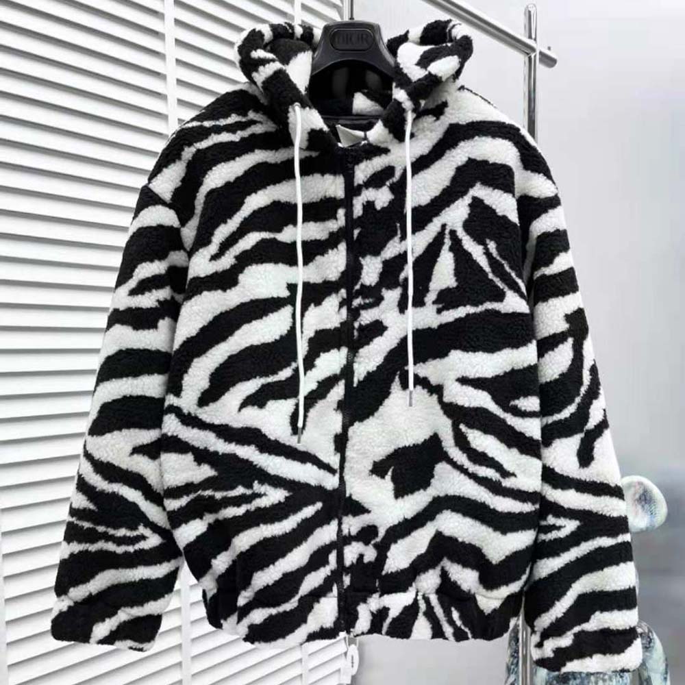 Close-up on tiger-print detail and fleece texture of Celine Men Jacket